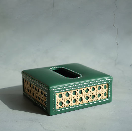 Emerald Green PU Leather & Rattan Tissue Box - Square