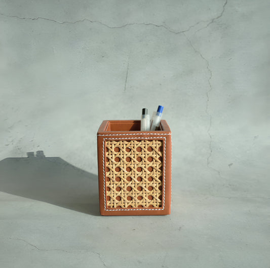 Tan Brown PU Leather & Rattan Stationery Holder