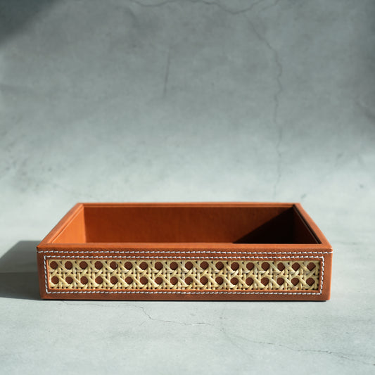 Tan Brown PU Leather & Rattan Serving Tray - Small