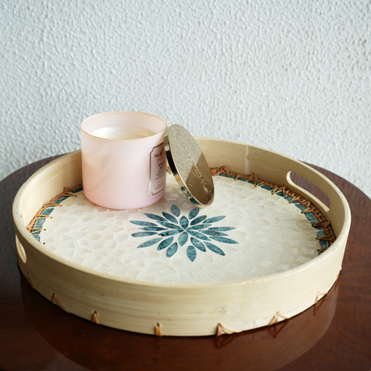 Large Round Mother-of-Pearl & Cane Serving Tray - Aqua