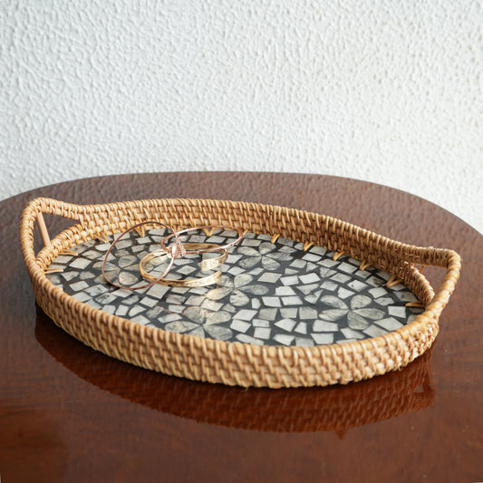 Medium Oval Mother-of-Pearl & Cane Serving Tray - Noir