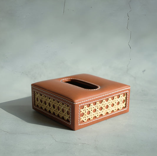 Tan Brown PU Leather & Rattan Tissue Box - Square