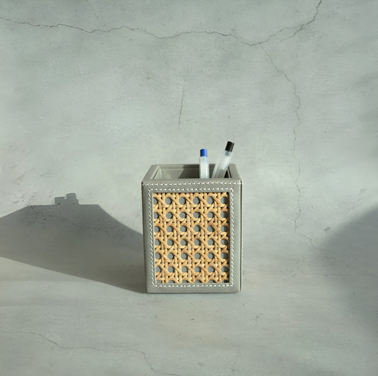 Stone Gray PU Leather & Rattan Stationery Holder
