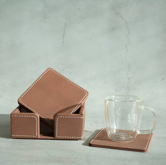 Umber Brown PU Leather Coasters - Set of 6
