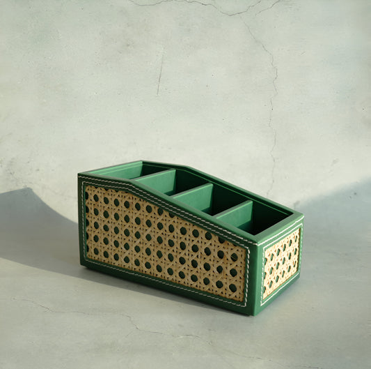 Emerald Green PU Leather & Rattan Remote Control Organiser