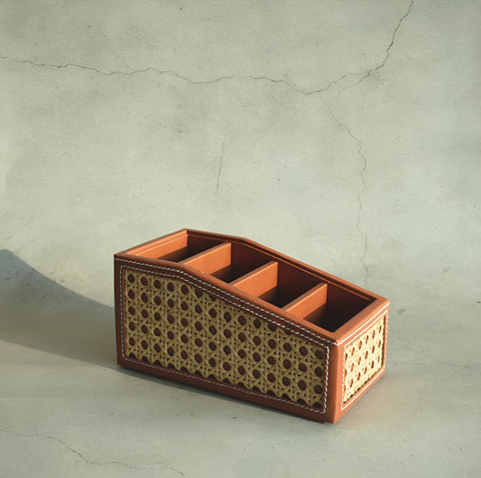 Tan Brown PU Leather & Rattan Remote Control Organiser
