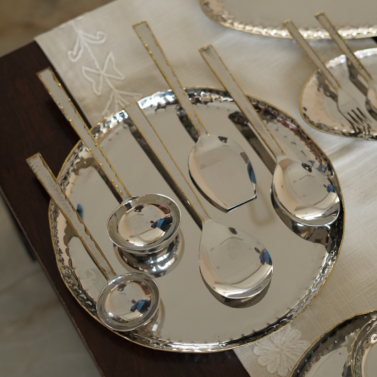 Hammered Steel Rice Serving Spoon with Gold Detailing