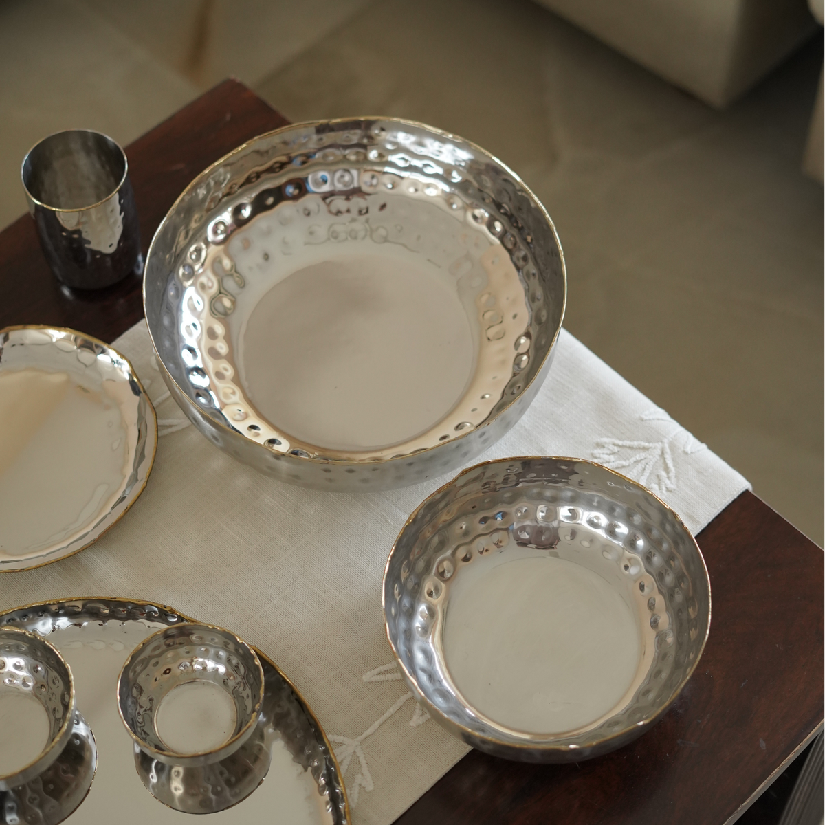 Hammered Steel Round Serving Bowl with Gold Detailing (Small)