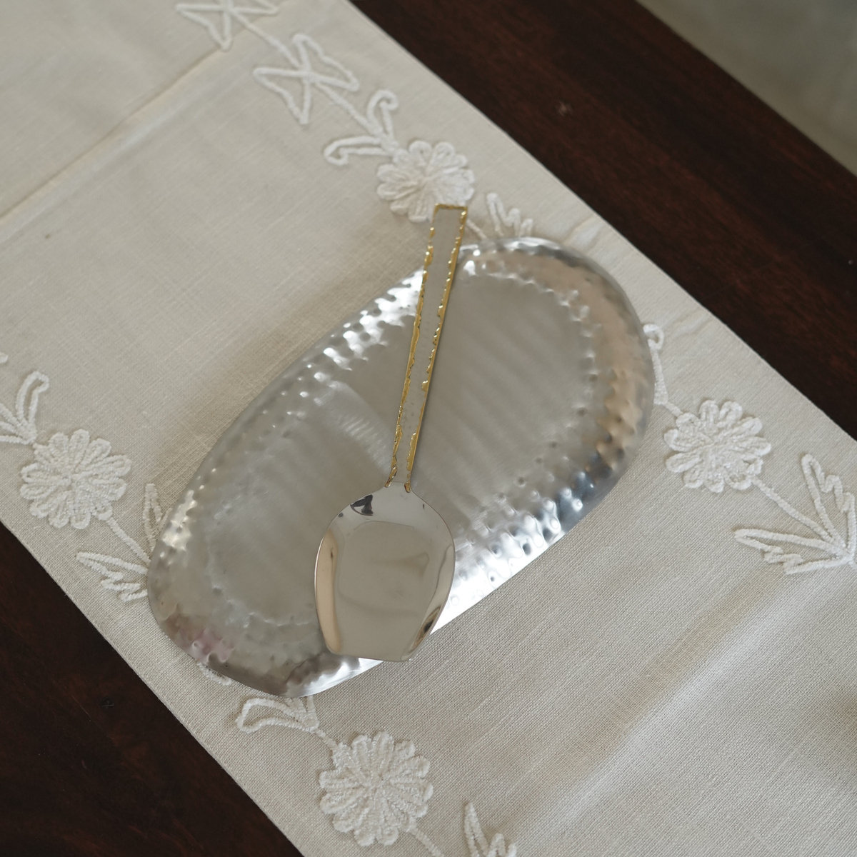 Hammered Steel Rice Serving Spoon with Gold Detailing