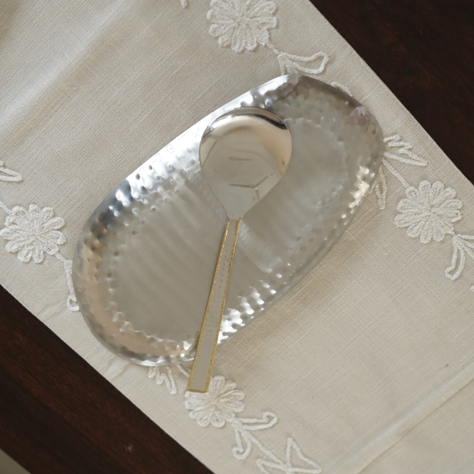 Hammered Steel Oval Serving Spoon with Gold Detailing
