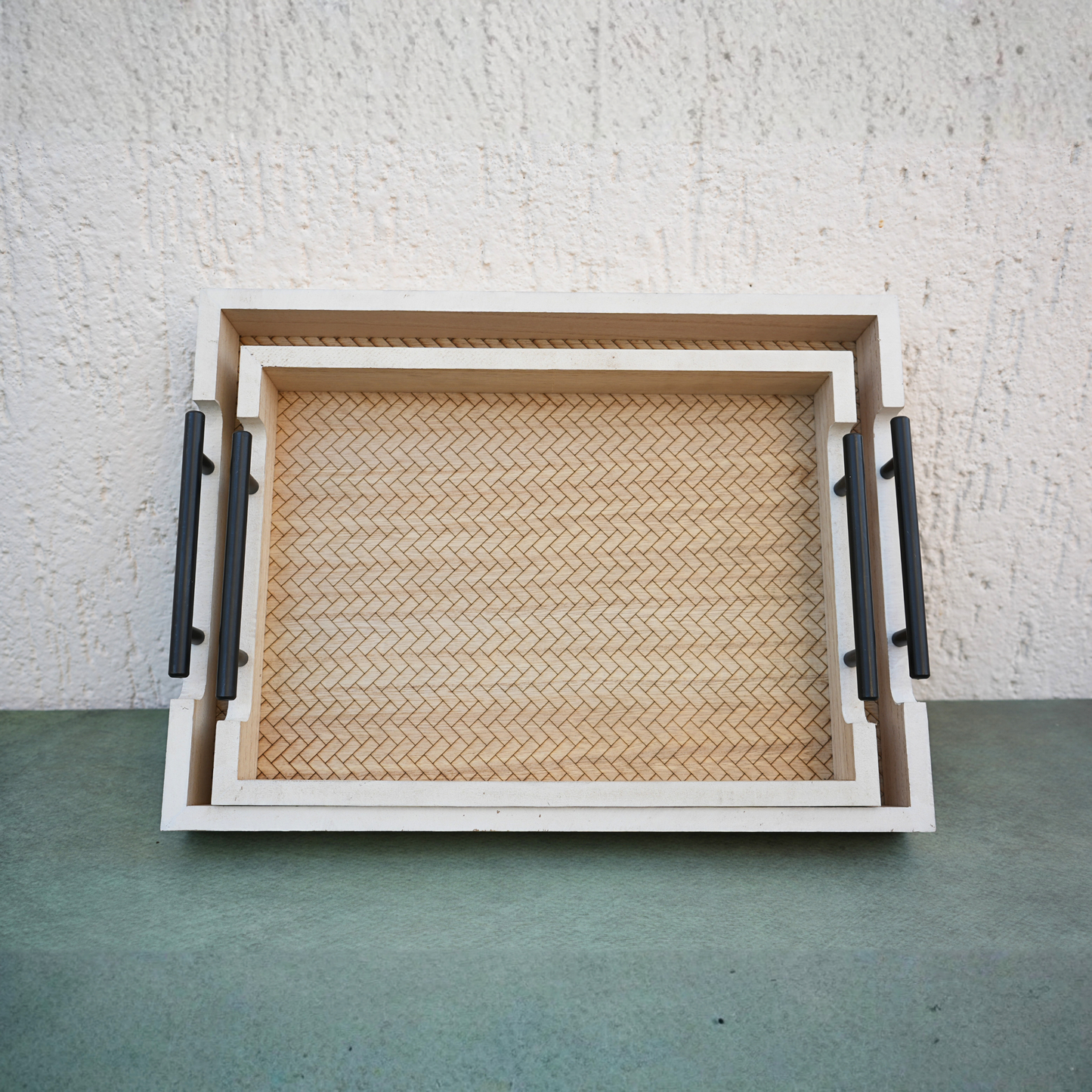 Herringbone-Style Wooden Serving Tray- Set of 2