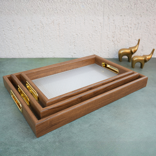 Rippled-Textured Wooden Serving Tray- Set of 3