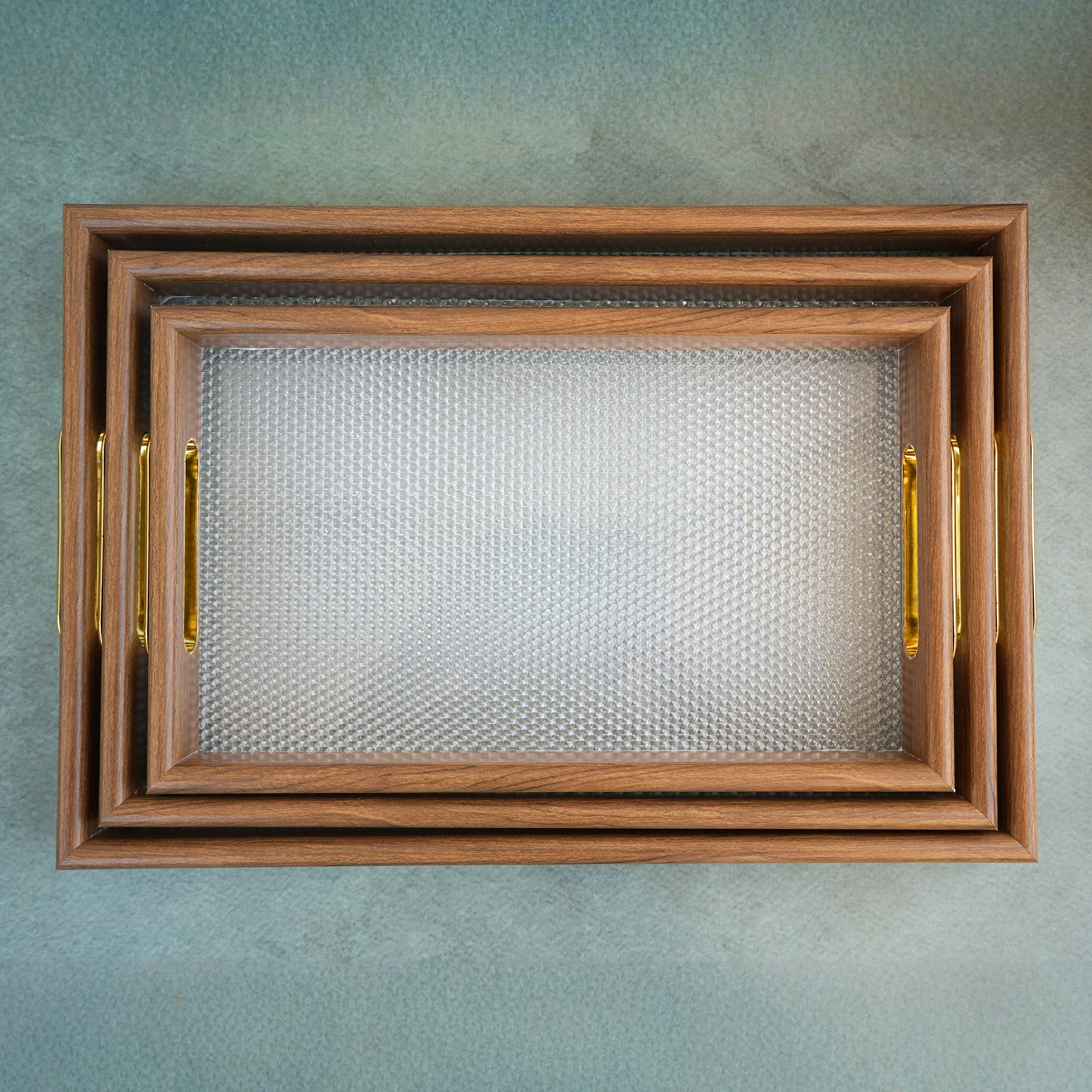 Rippled-Textured Wooden Serving Tray- Set of 3