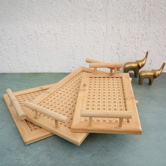 Handcrafted Rattan Serving Tray- Set of 3