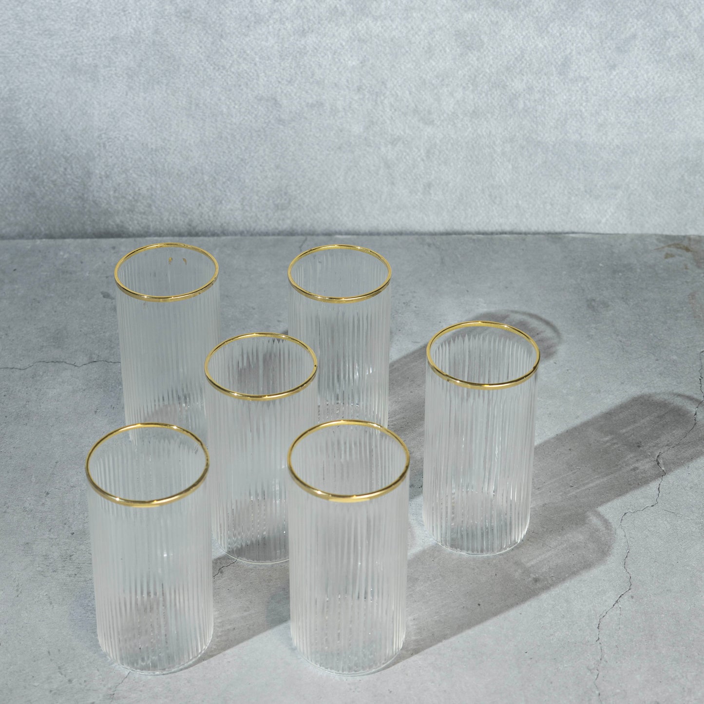 Tall Clear Ribbed Cocktail Glass with Gold Rim- Set of 6