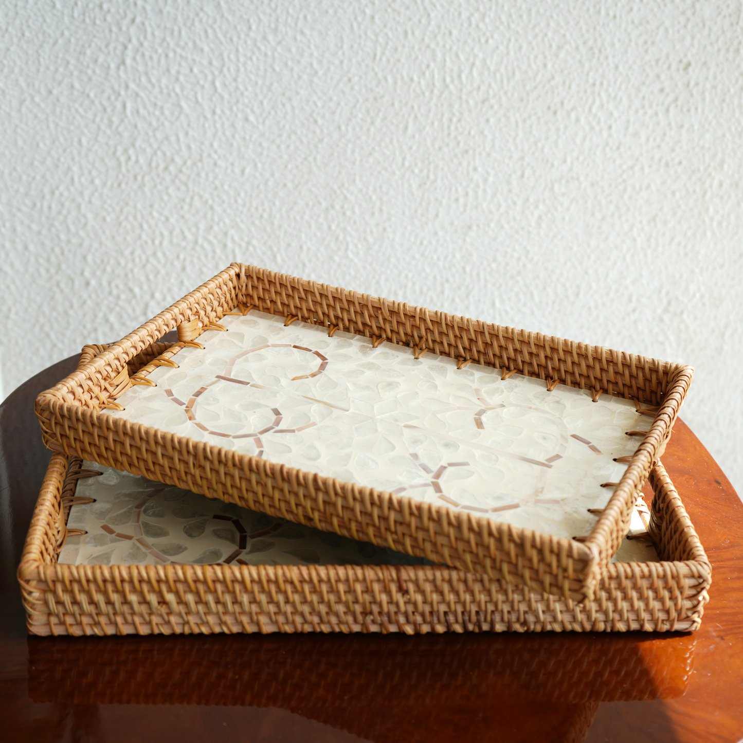 Regular Rectangular Mother-of-Pearl & Cane Serving Tray - Pearl White