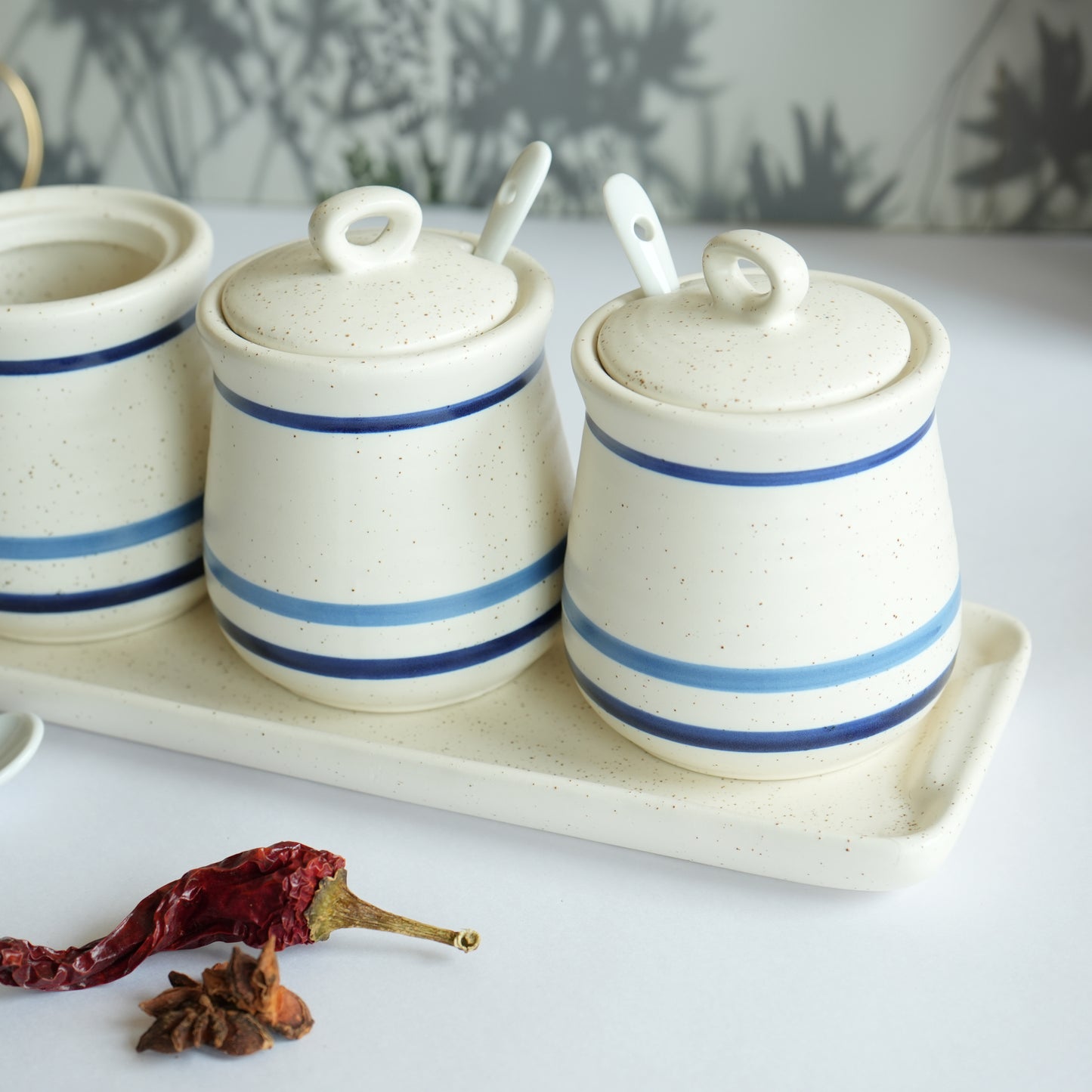 Set of 3 Ceramic Pickle Jars- White & Blue