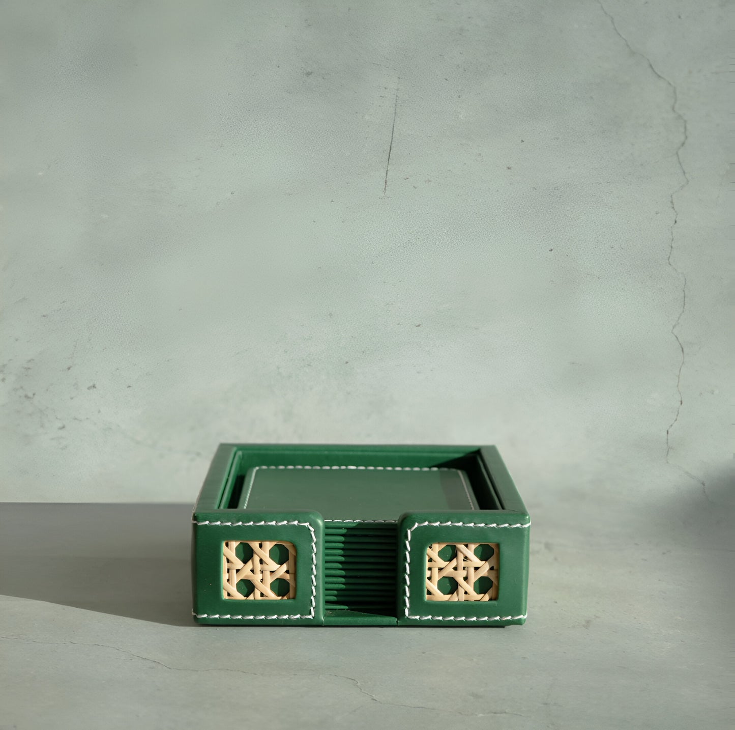 Emerald Green PU Leather & Rattan Coasters - Set of 6