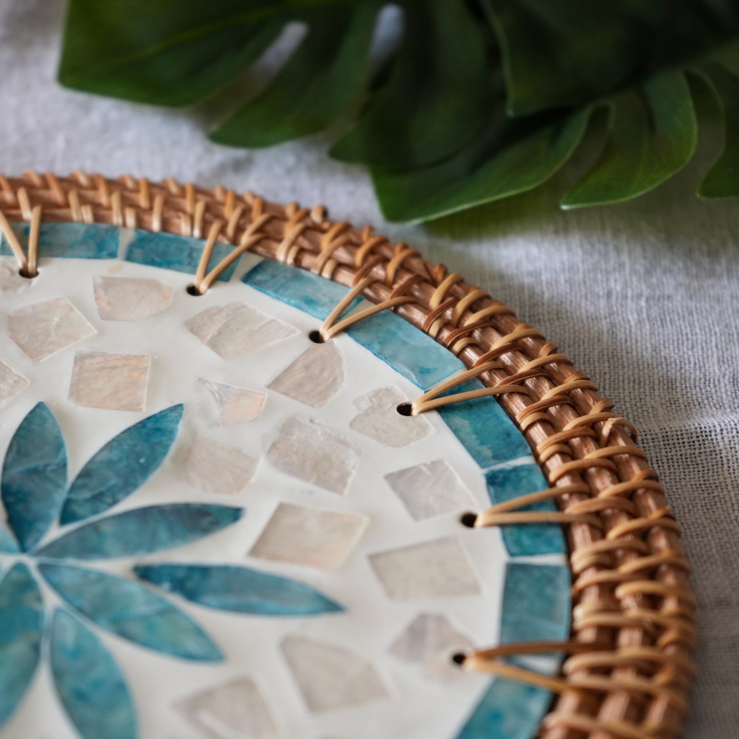 Mother-of-Pearl & Cane Trivet - Aqua