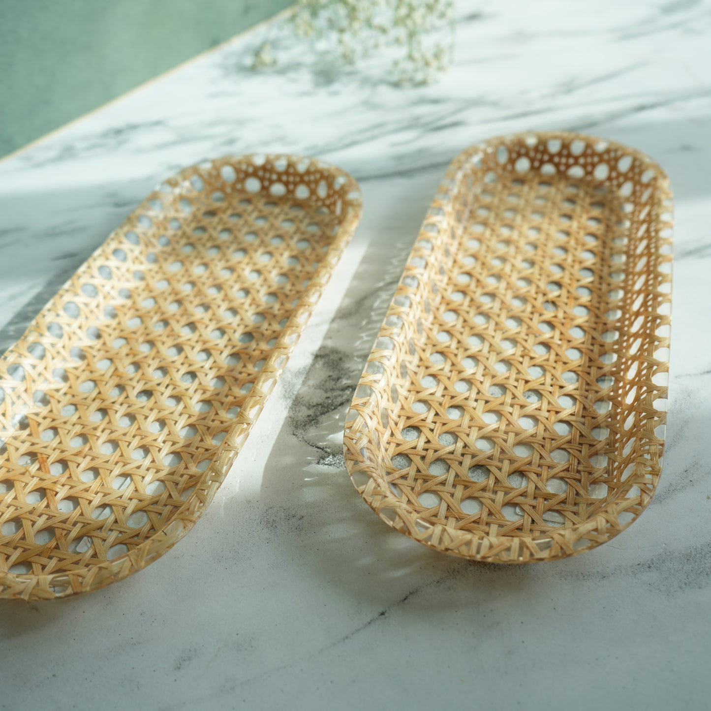 Rattan Ribbed Acrylic Oblong Serving Tray- Pack of 2