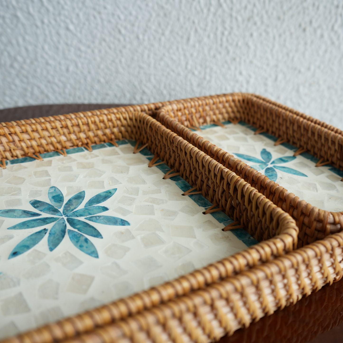 Set of 3 Mother-of-Pearl & Cane Serving Tray - Aqua