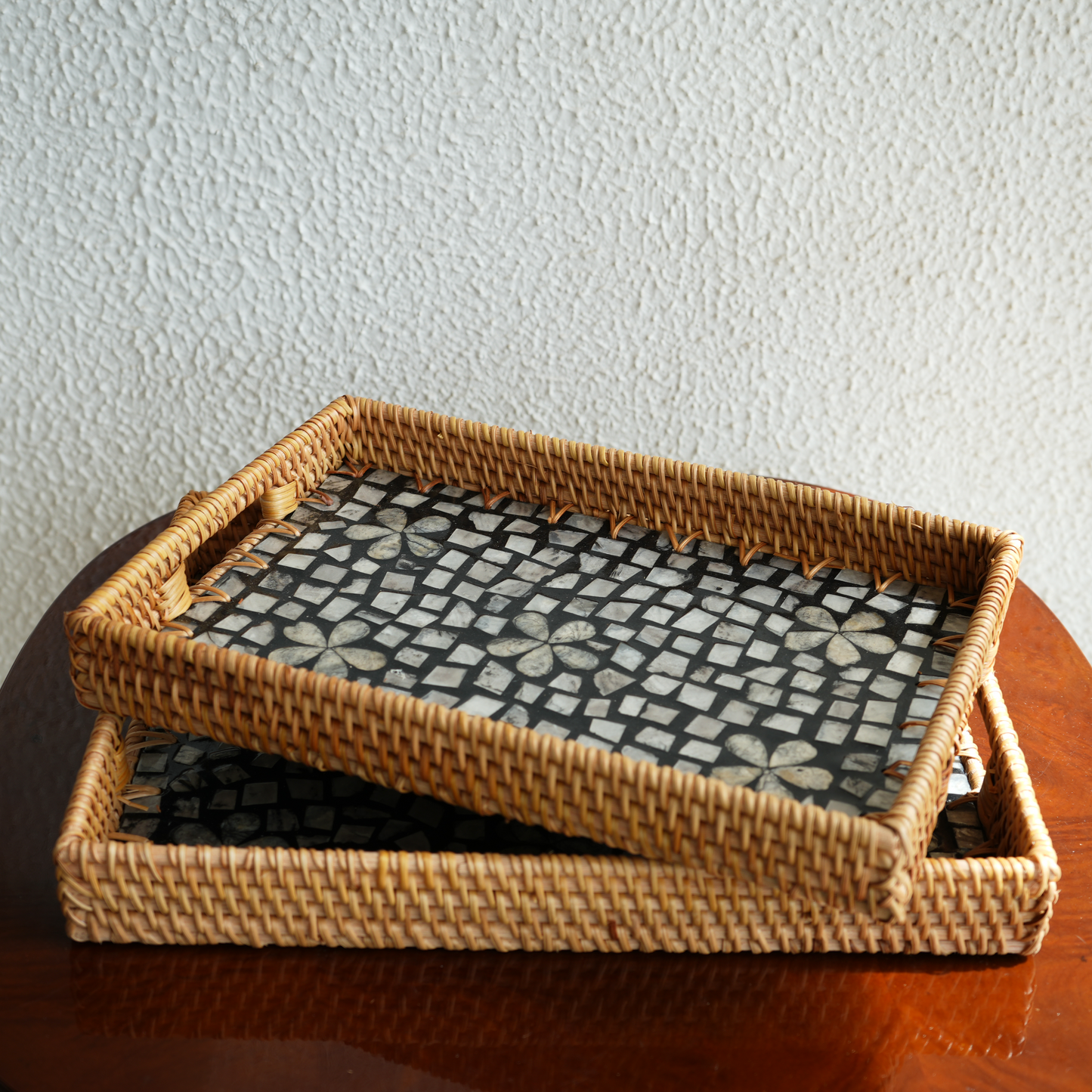 Large Rectangular Mother-of-Pearl & Cane Serving Tray - Noir