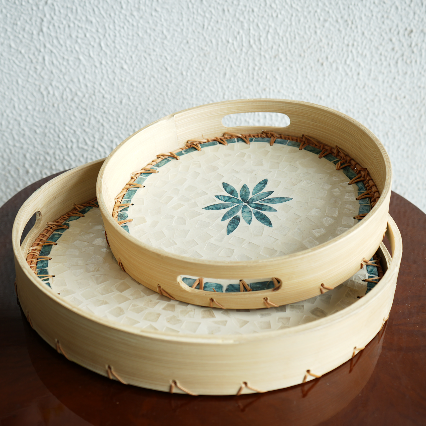 Regular Round Mother-of-Pearl & Cane Serving Tray - Aqua
