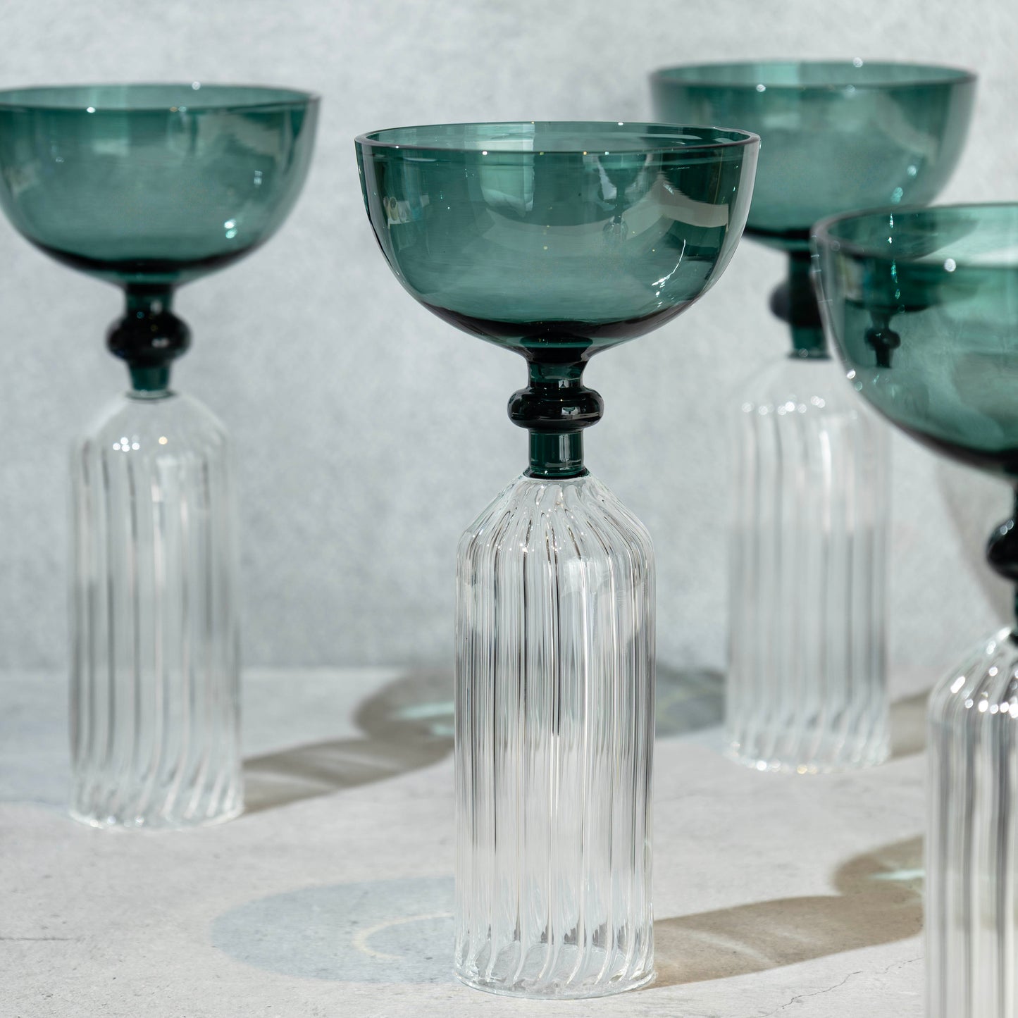 Emerald Green Ribbed Coupe Glass- Set of 4