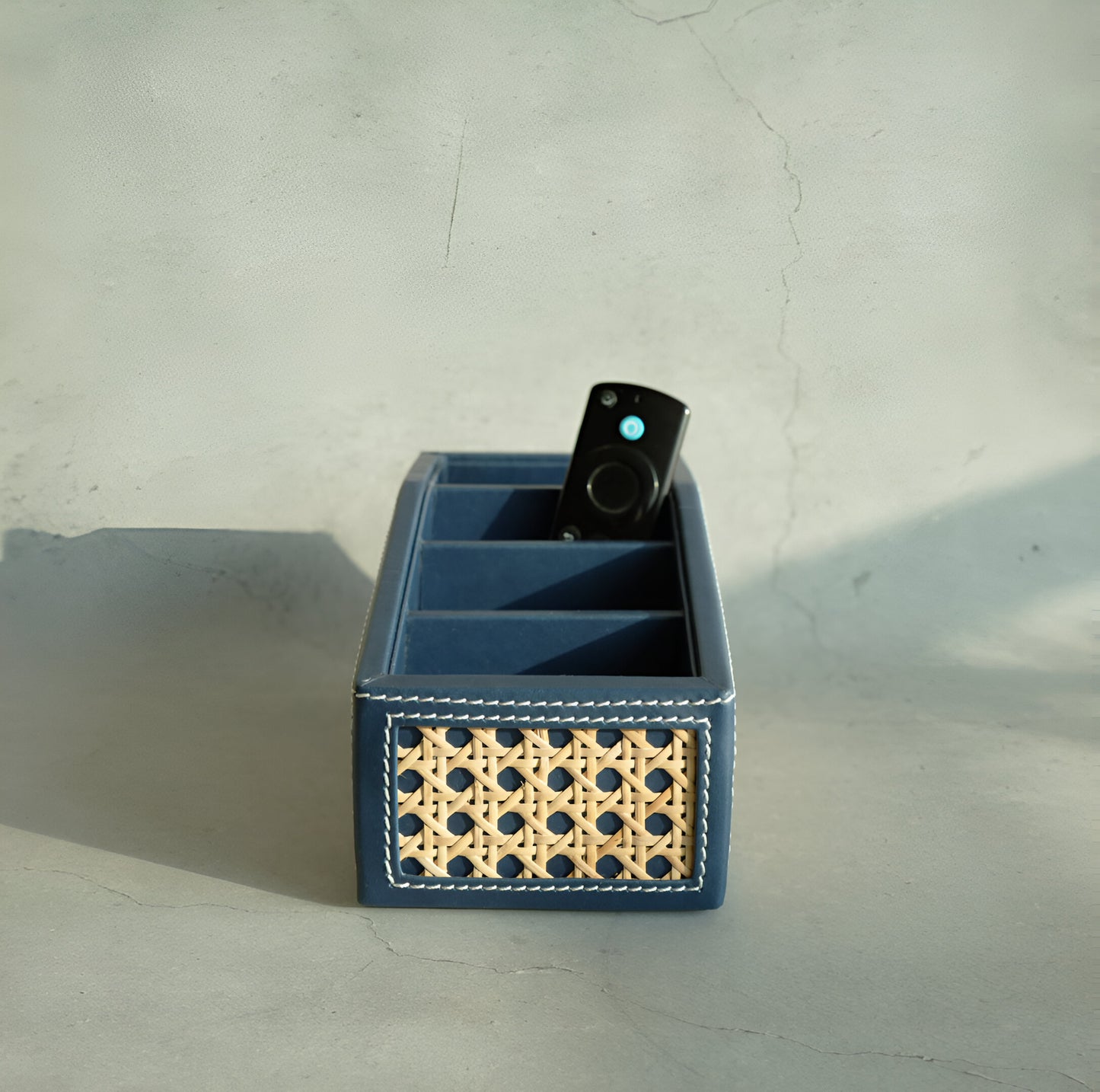 Steel Blue PU Leather & Rattan Remote Control Organiser