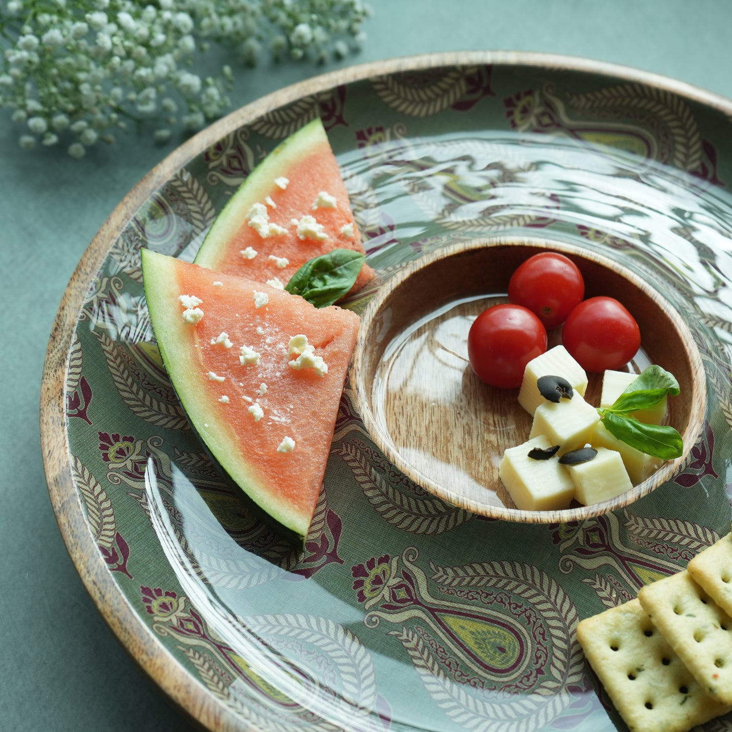 Paisley Chip & Dip Round Wooden Platter