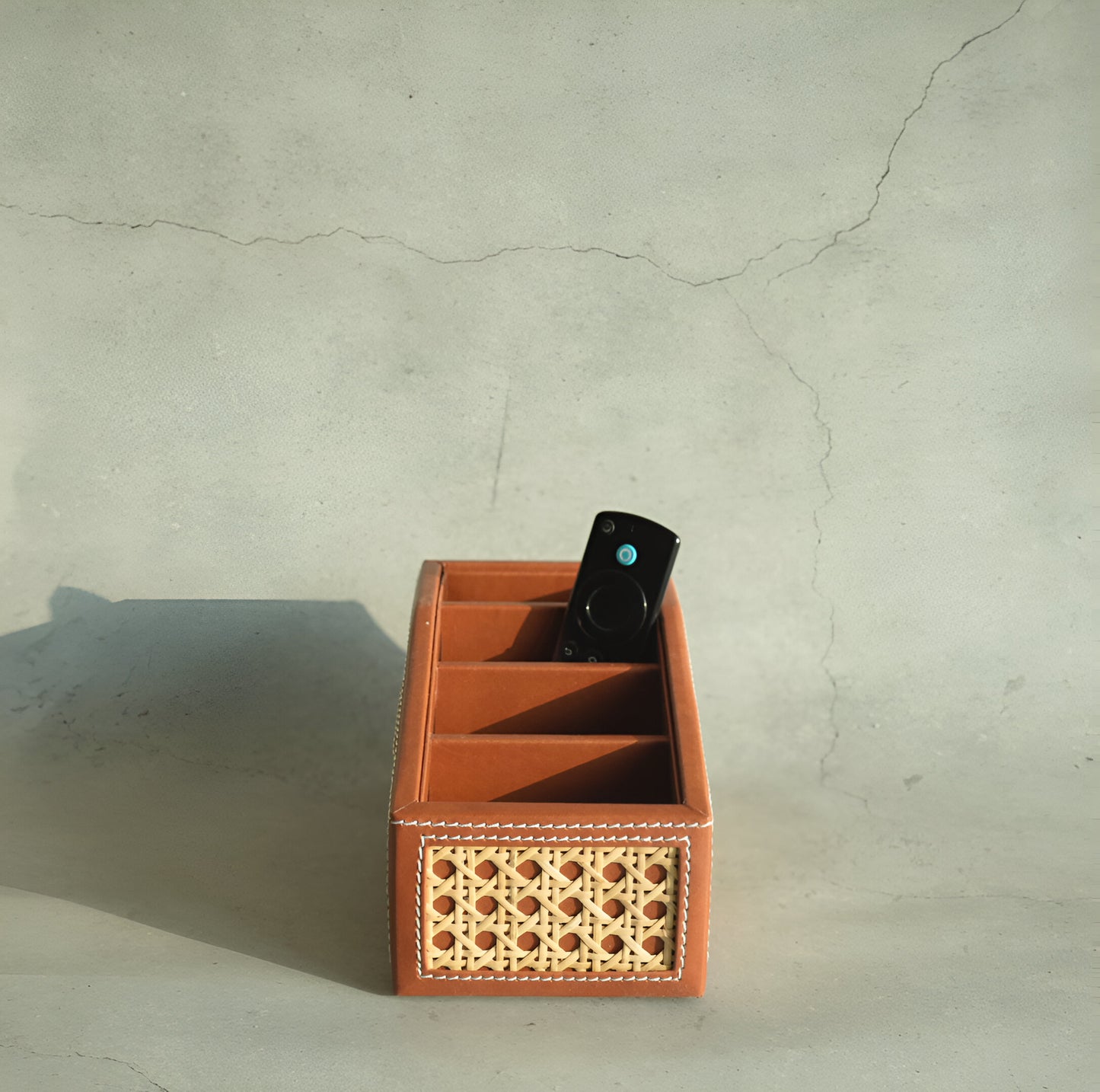 Tan Brown PU Leather & Rattan Remote Control Organiser