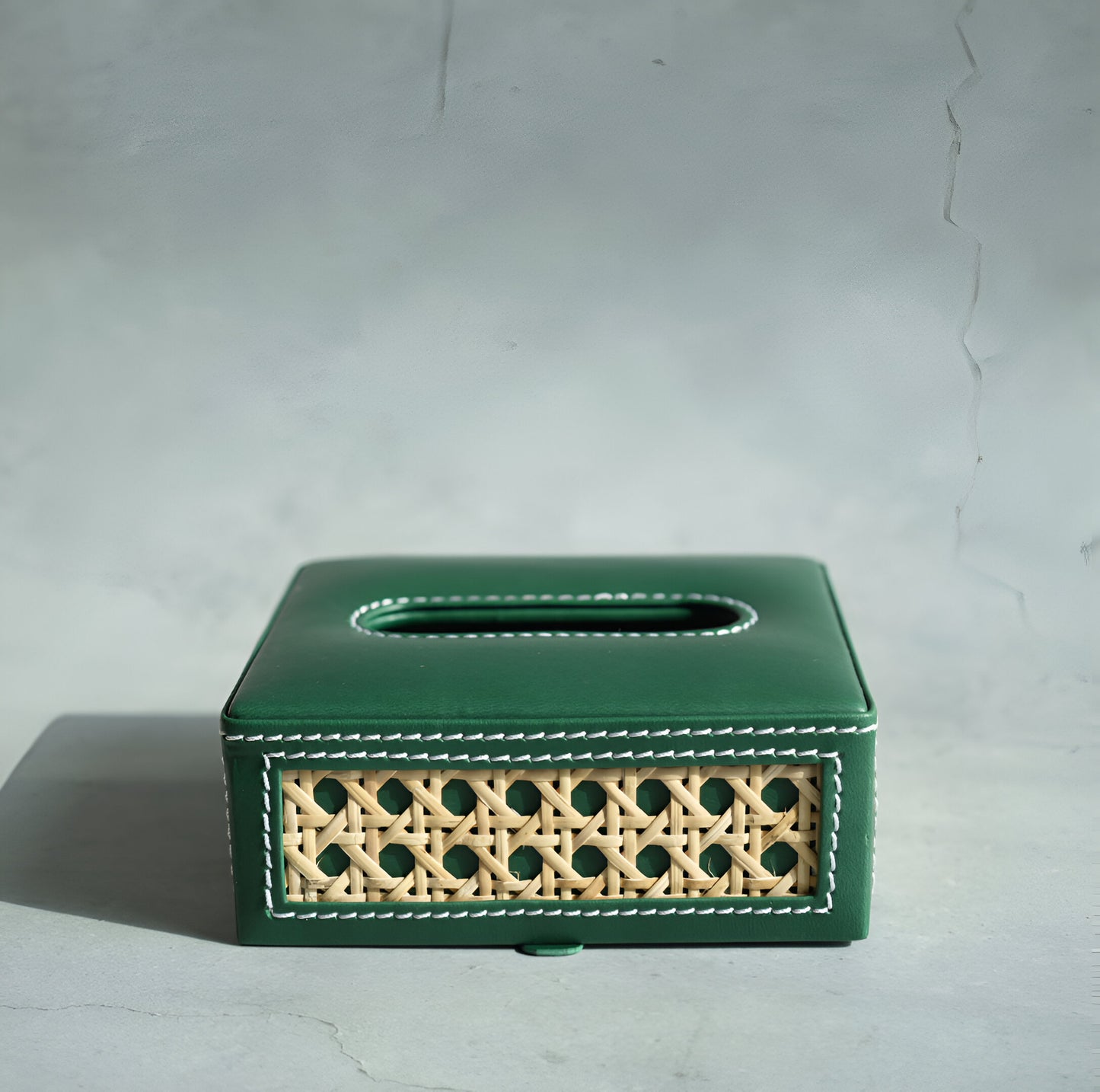 Emerald Green PU Leather & Rattan Tissue Box - Square