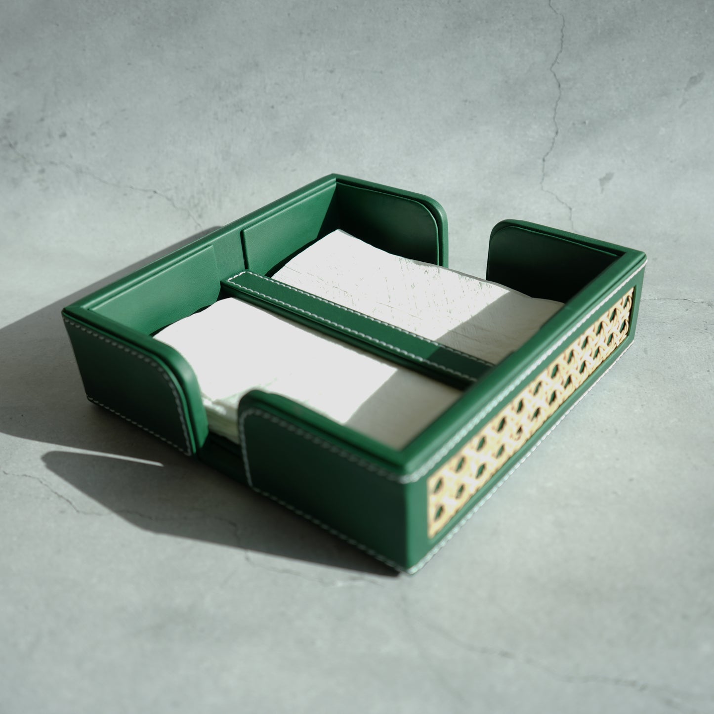 Emerald Green PU Leather & Rattan Tissue Holder with Weighted Bar