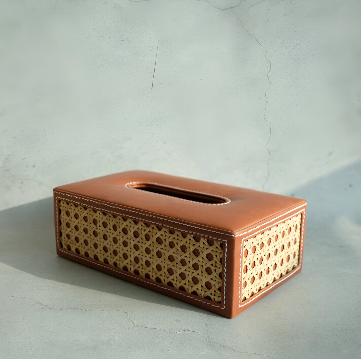 Tan Brown PU Leather & Rattan Tissue Box - Rectangle