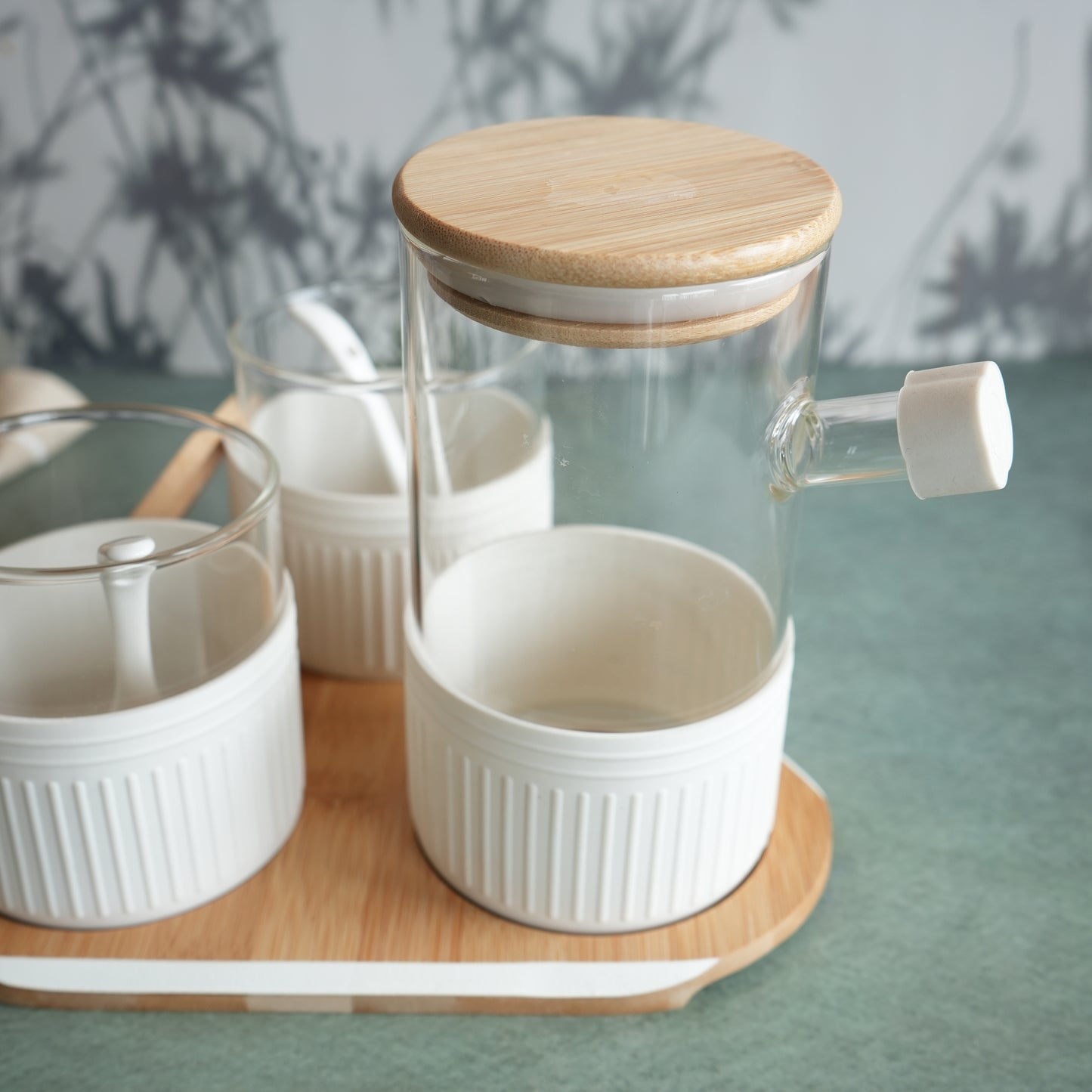 Set of 2 Wooden Pickle Jars with Oil Dispenser- Gray
