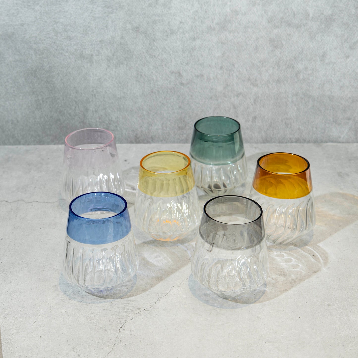Short Multi-Coloured Ribbed Cocktail Glass- Set of 6