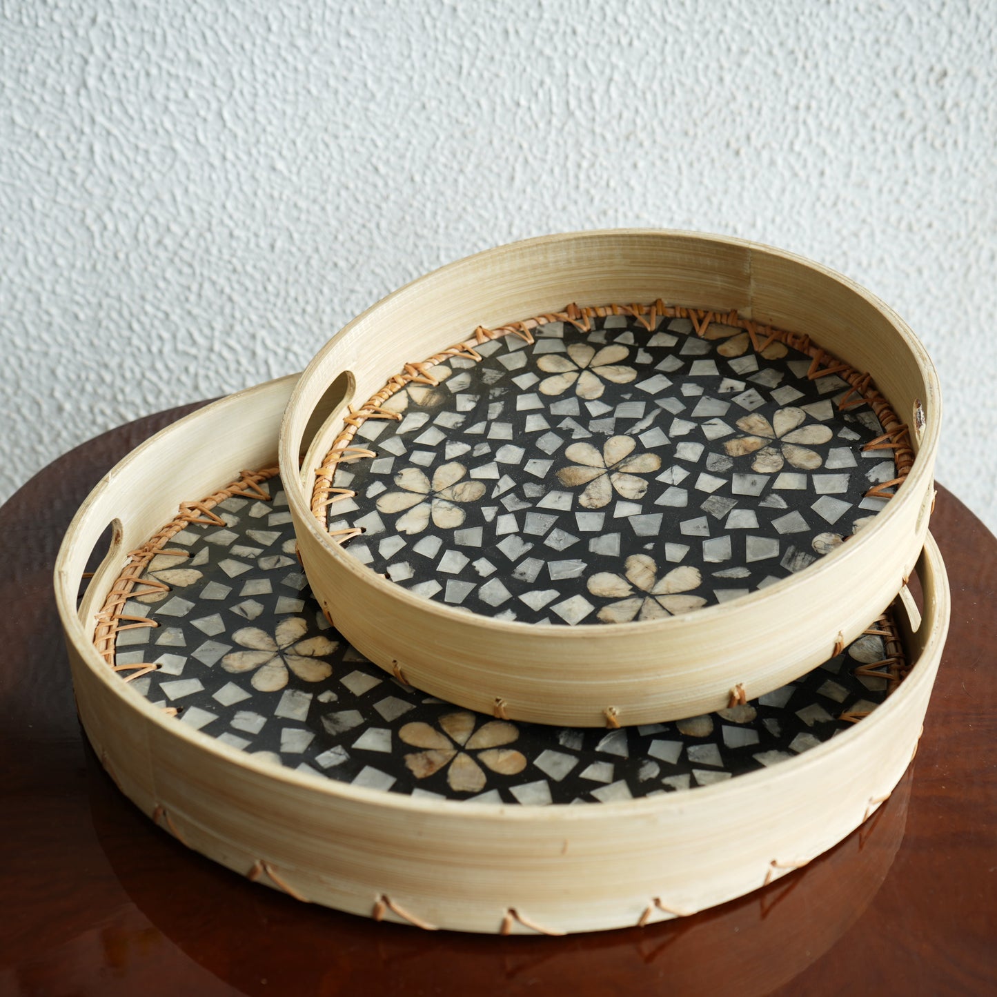 Large Round Mother-of-Pearl & Cane Serving Tray - Noir