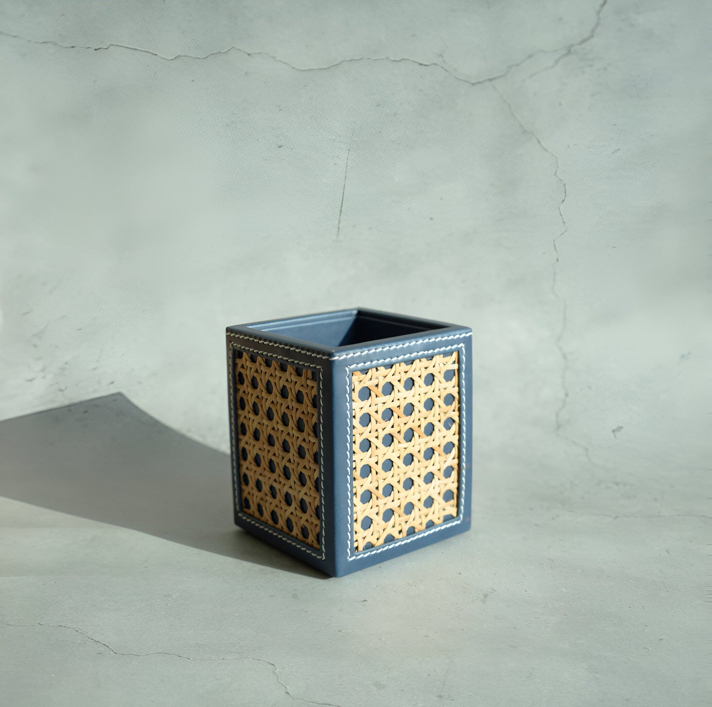 Steel Blue PU Leather & Rattan Stationery Holder