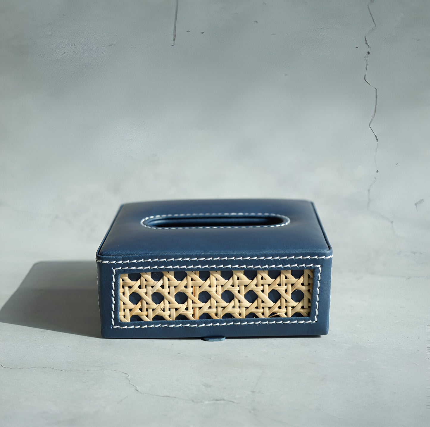 Steel Blue PU Leather & Rattan Tissue Box - Square