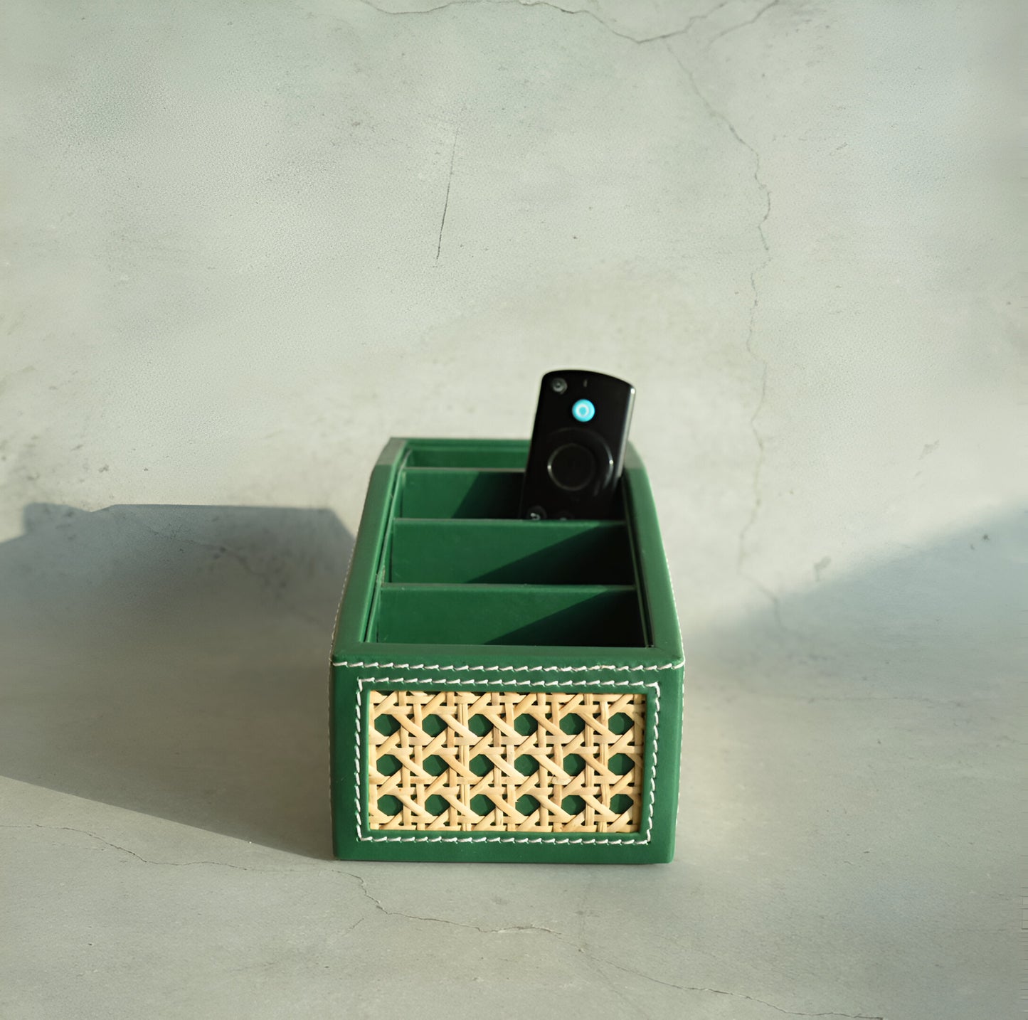 Emerald Green PU Leather & Rattan Remote Control Organiser