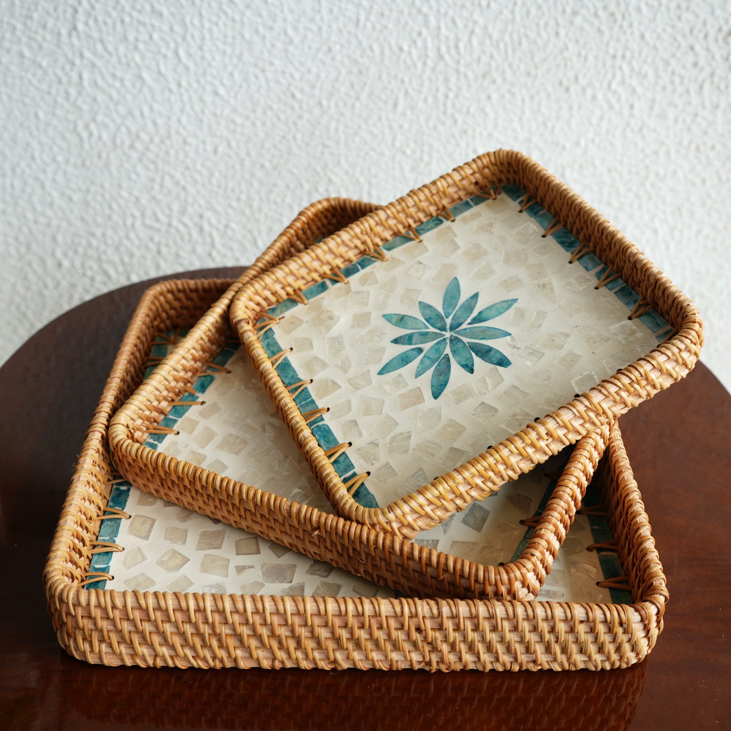 Small Square Mother-of-Pearl & Cane Serving Tray - Aqua