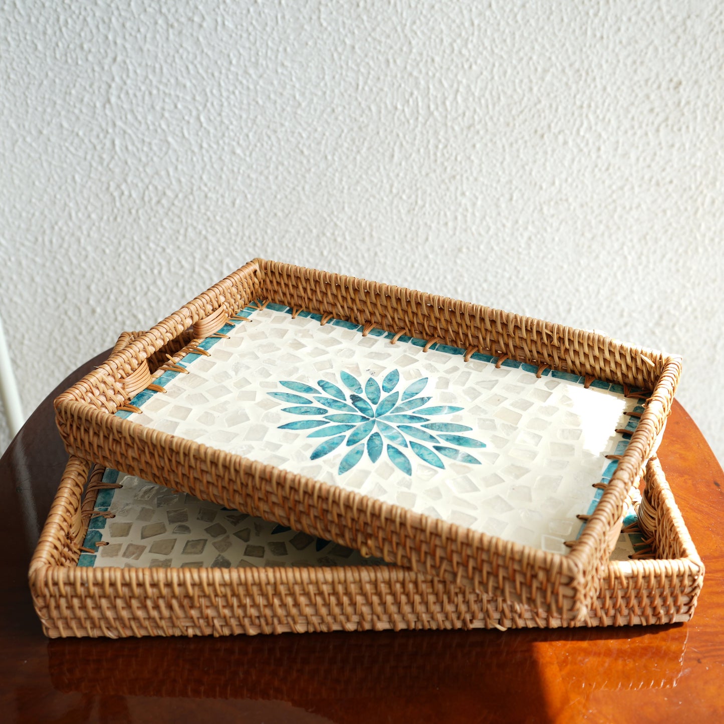 Large Rectangular Mother-of-Pearl & Cane Serving Tray - Aqua
