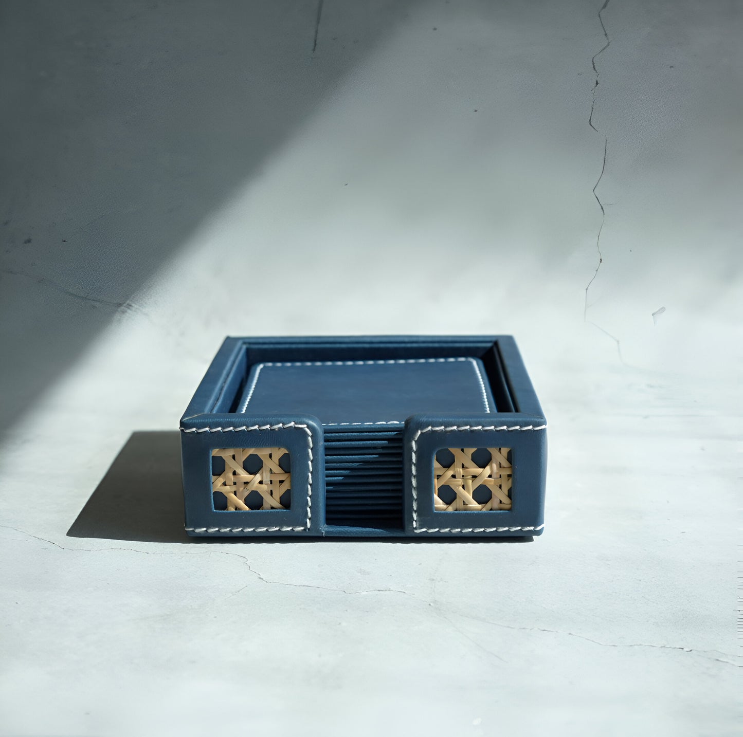 Steel Blue PU Leather & Rattan Coasters - Set of 6