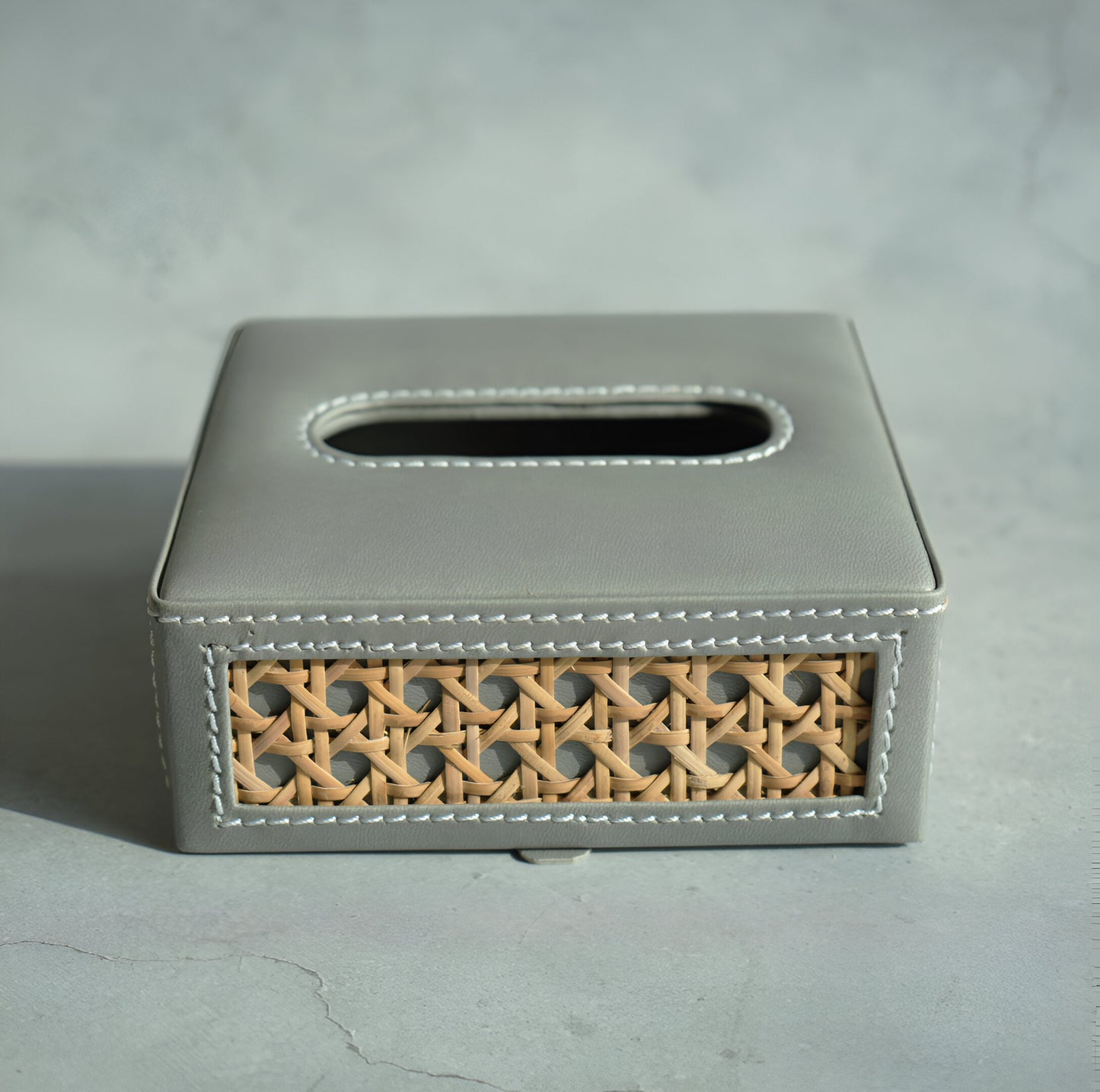 Stone Gray PU Leather & Rattan Tissue Box - Square