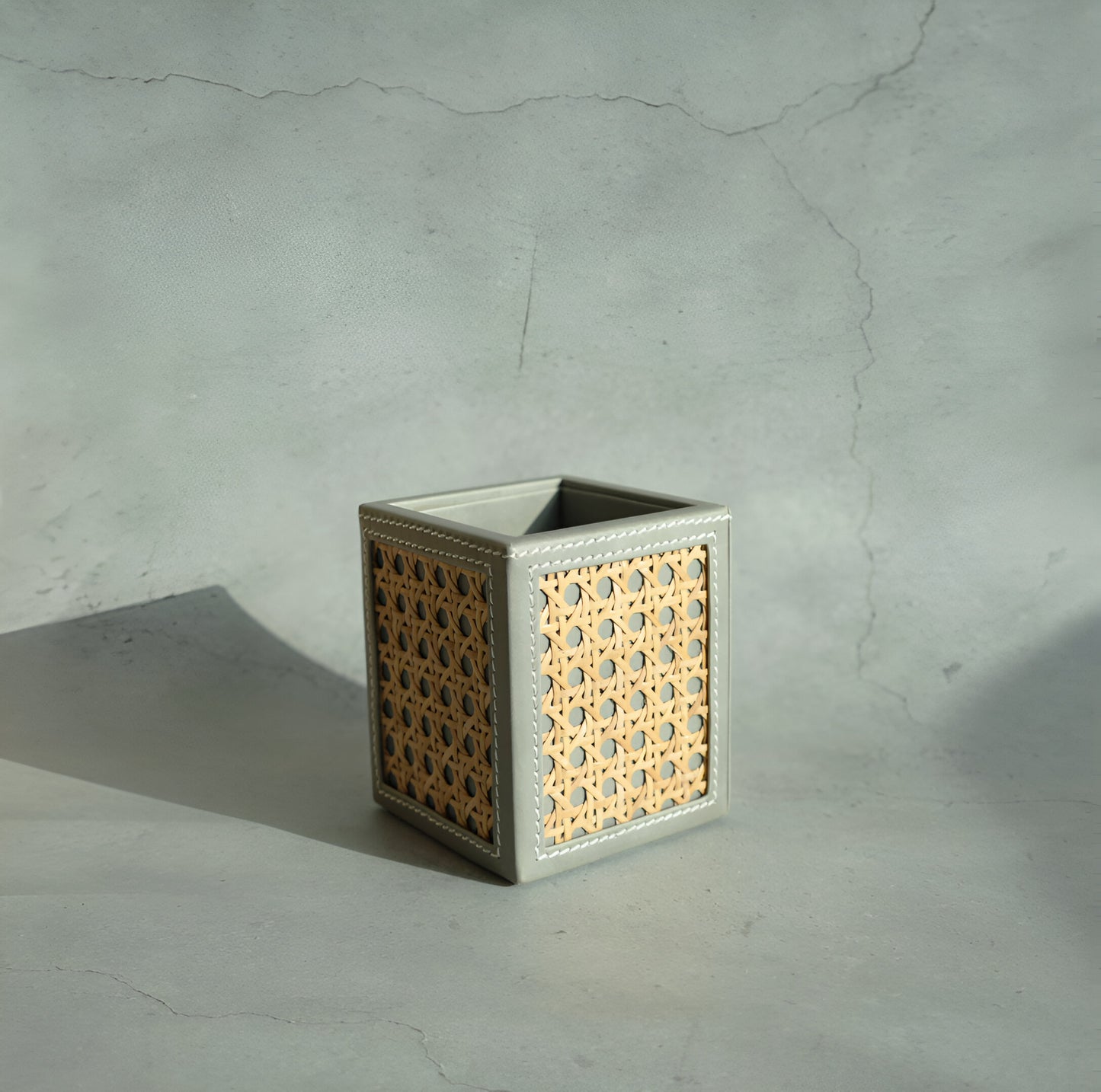 Stone Gray PU Leather & Rattan Stationery Holder