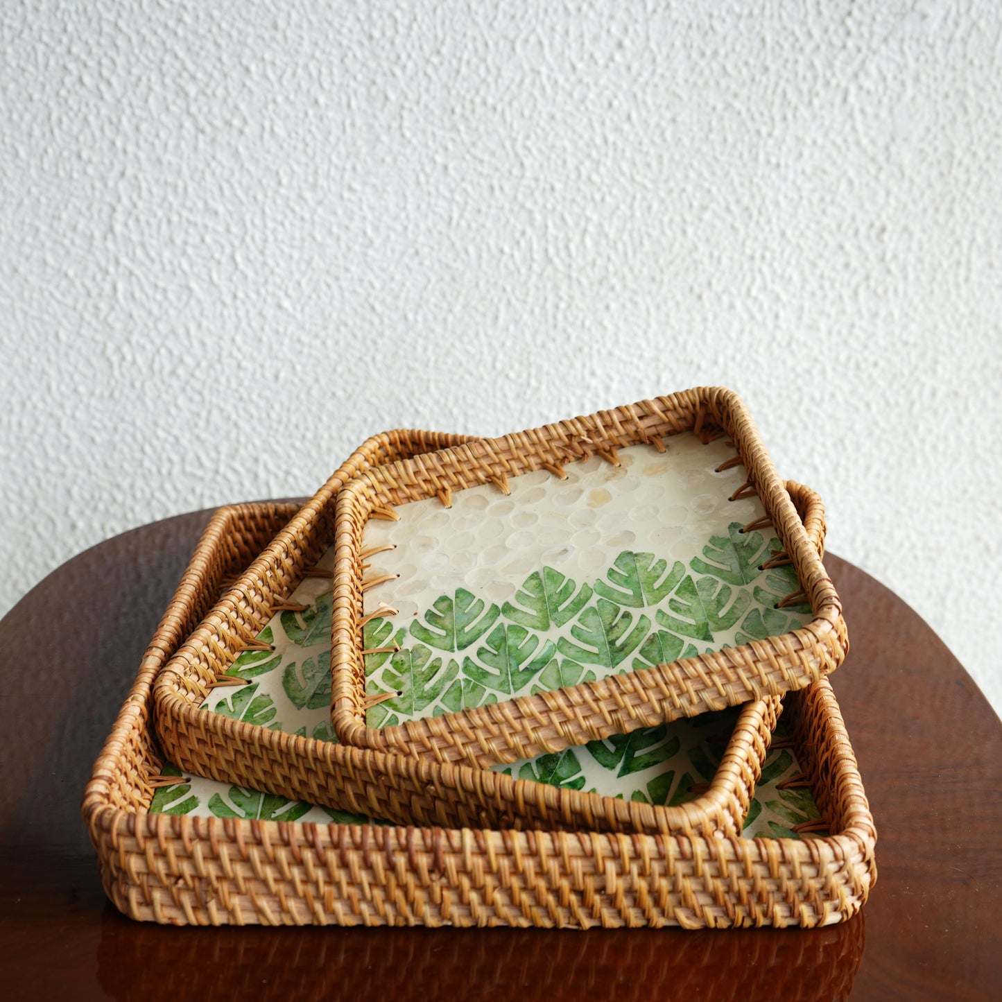Small Square Mother-of-Pearl & Cane Serving Tray - Botanic