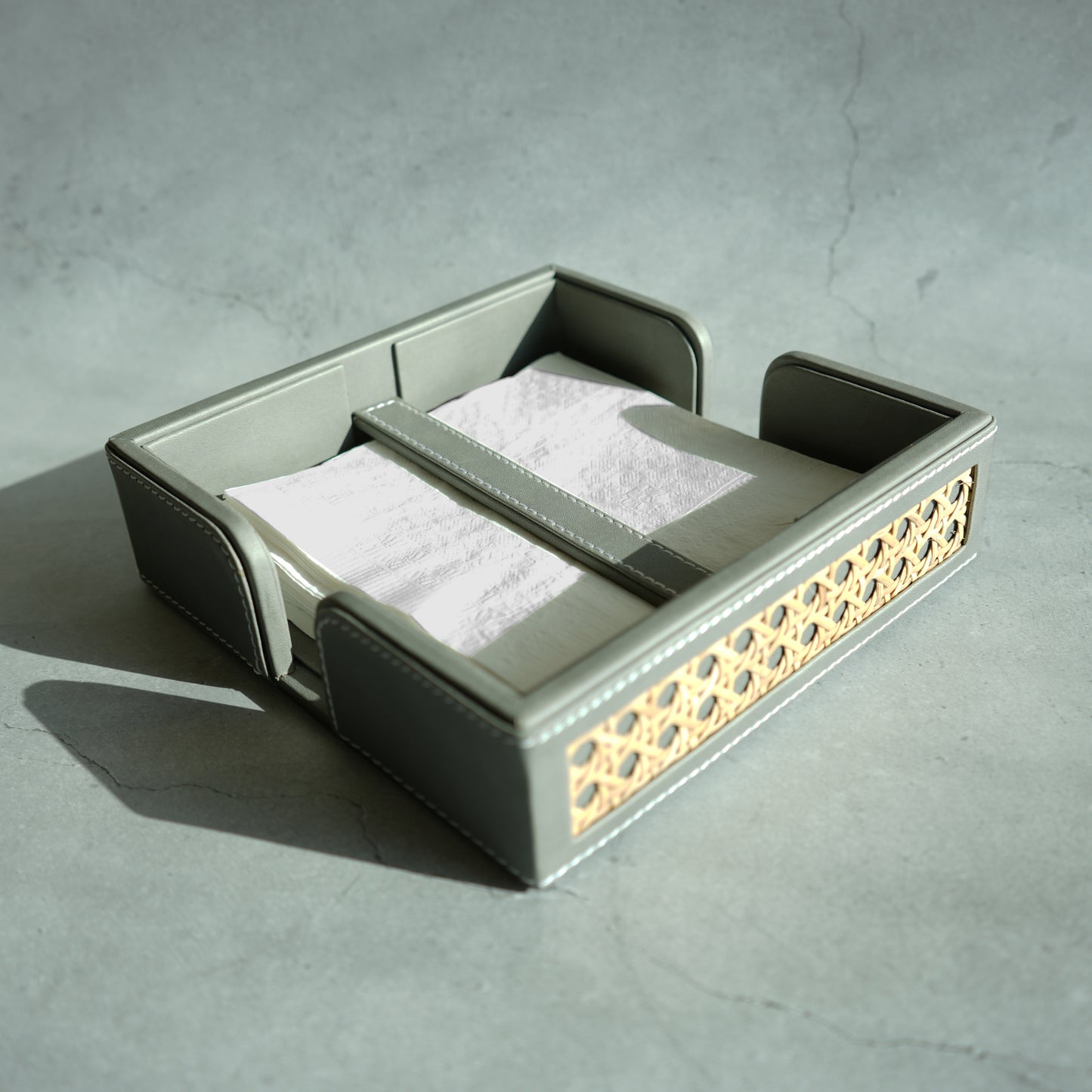 Stone Gray PU Leather & Rattan Tissue Holder with Weighted Bar
