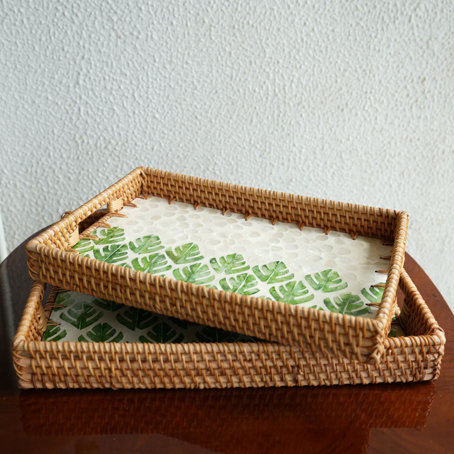 Large Rectangular Mother-of-Pearl & Cane Serving Tray - Botanic
