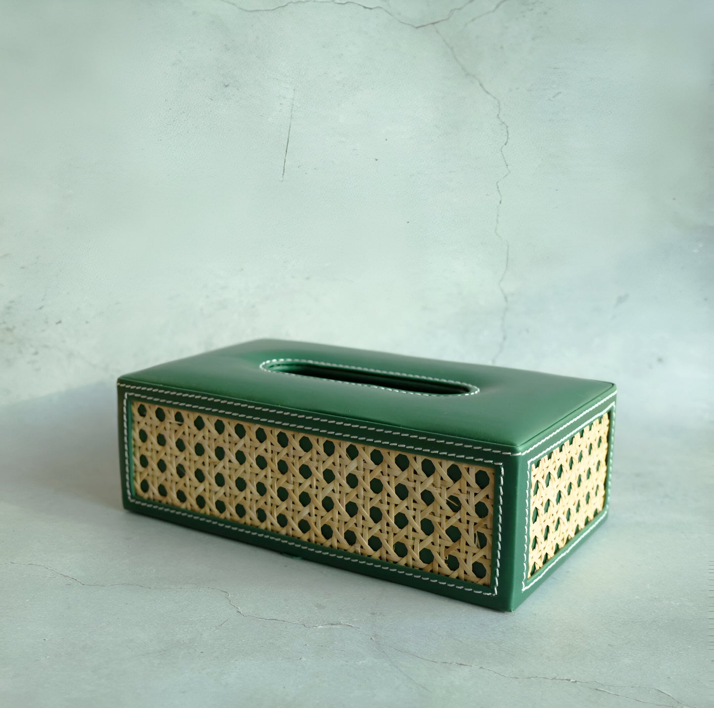 Emerald Green PU Leather & Rattan Tissue Box - Rectangle