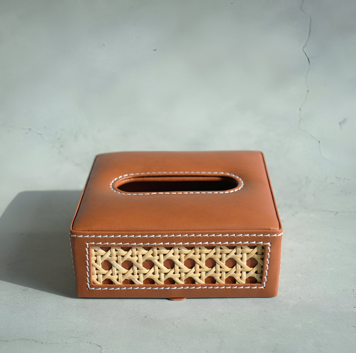 Tan Brown PU Leather & Rattan Tissue Box - Square